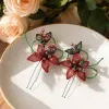 Korean-style retro red mesh flower hair clip, green beaded leaf and branch decoration hair accessory, headwear accessory for women details Picture